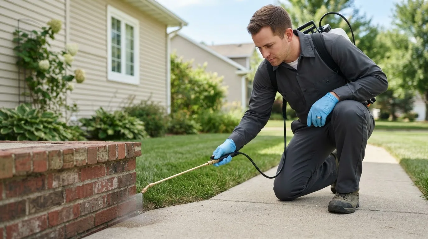 Pest control technician treating a home near Albion, IN