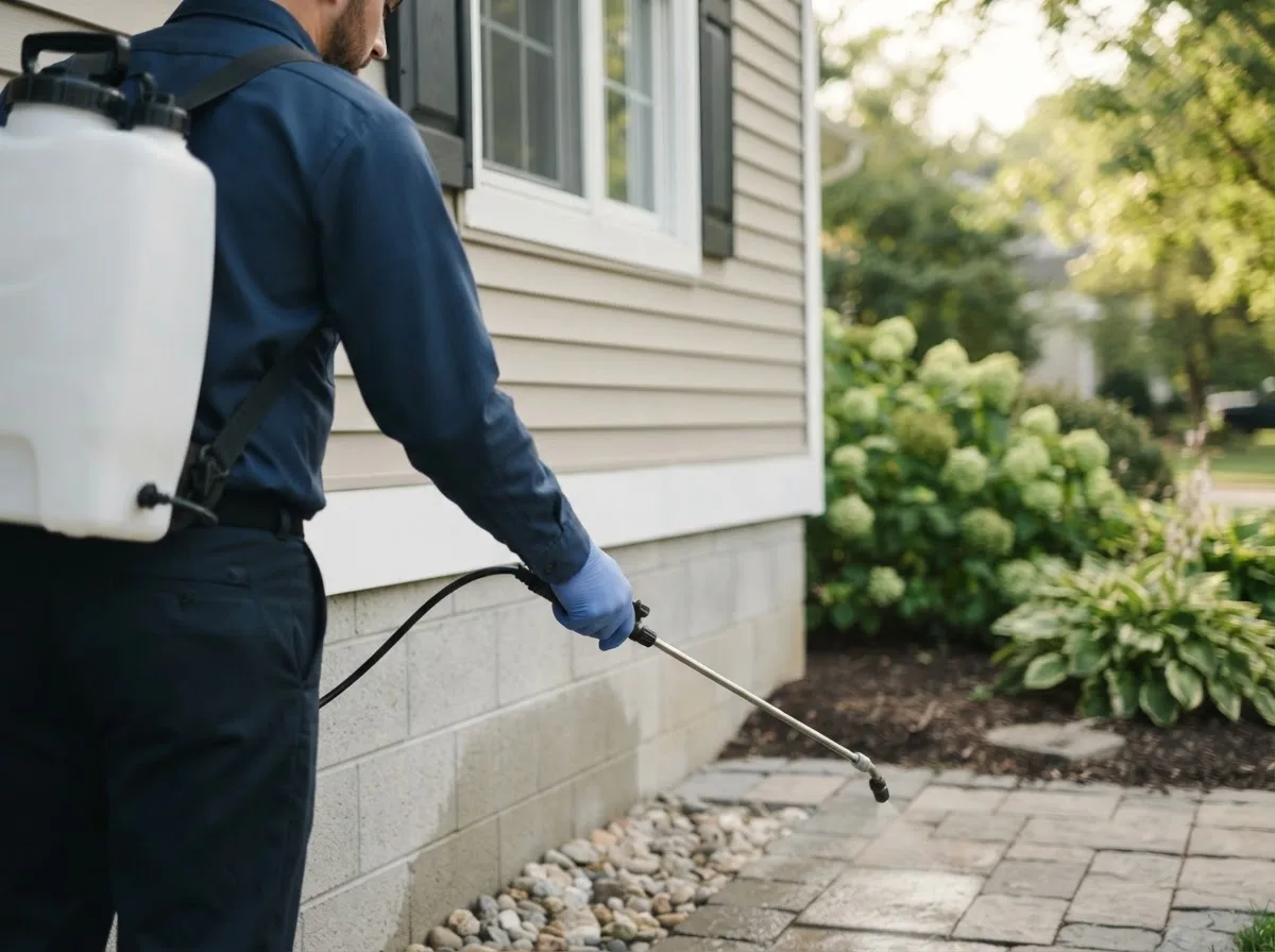 Pest control technician inspecting a home in Albion, IN